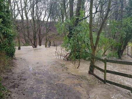 Flooding in the Tong Valley at Springfield Lane at Tong Beck. The beck has burst its banks.