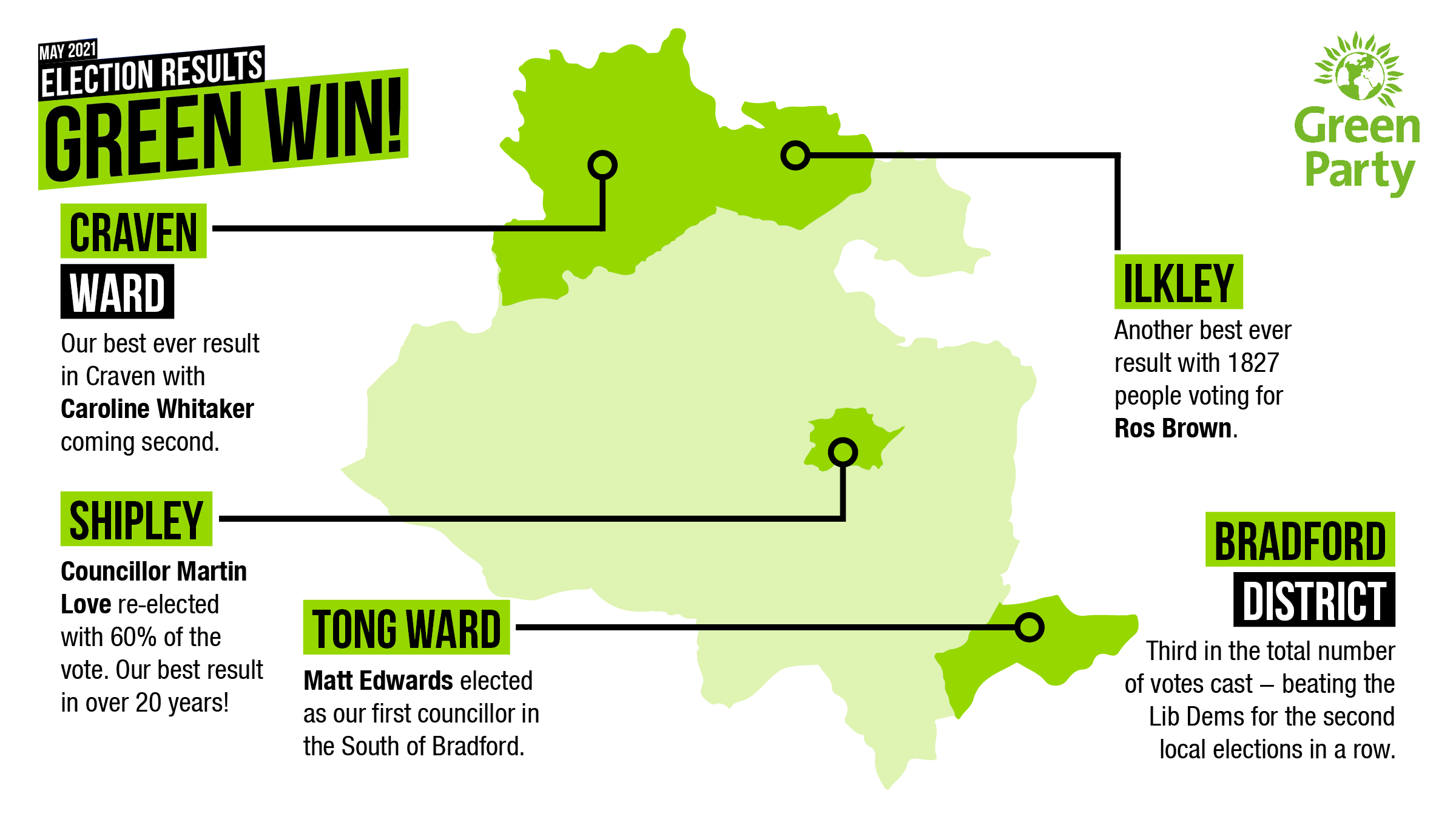 A Map showing all the Green Party successes of 2021.