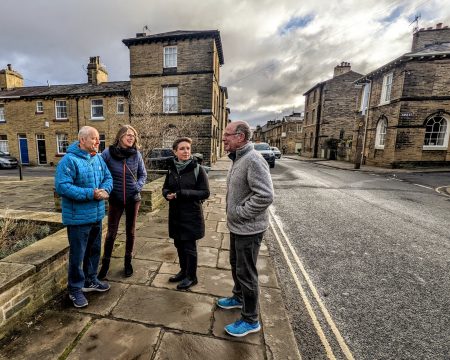 Carla DEnyer meeting with Green Party Councillors in Saltaire Village