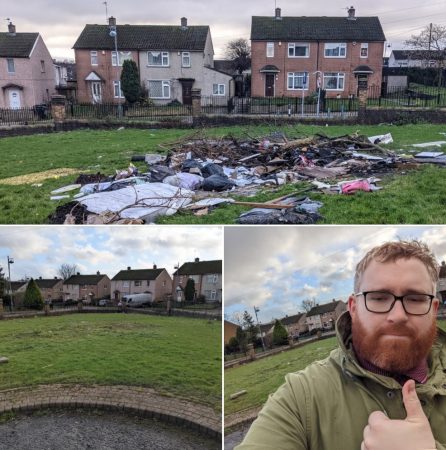 A montage of three photos, one showing a mountain of waste in front of some semi detached post war houses, the second the same land clear of rubbish, and the third a selfie of Matt Edwards with his thumb up.