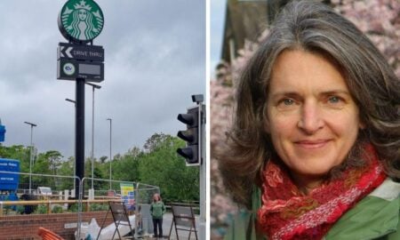 Two photos side by side. The first is a photo of the large starbucks drive through sign. The second is a close up photo of Ros Brown